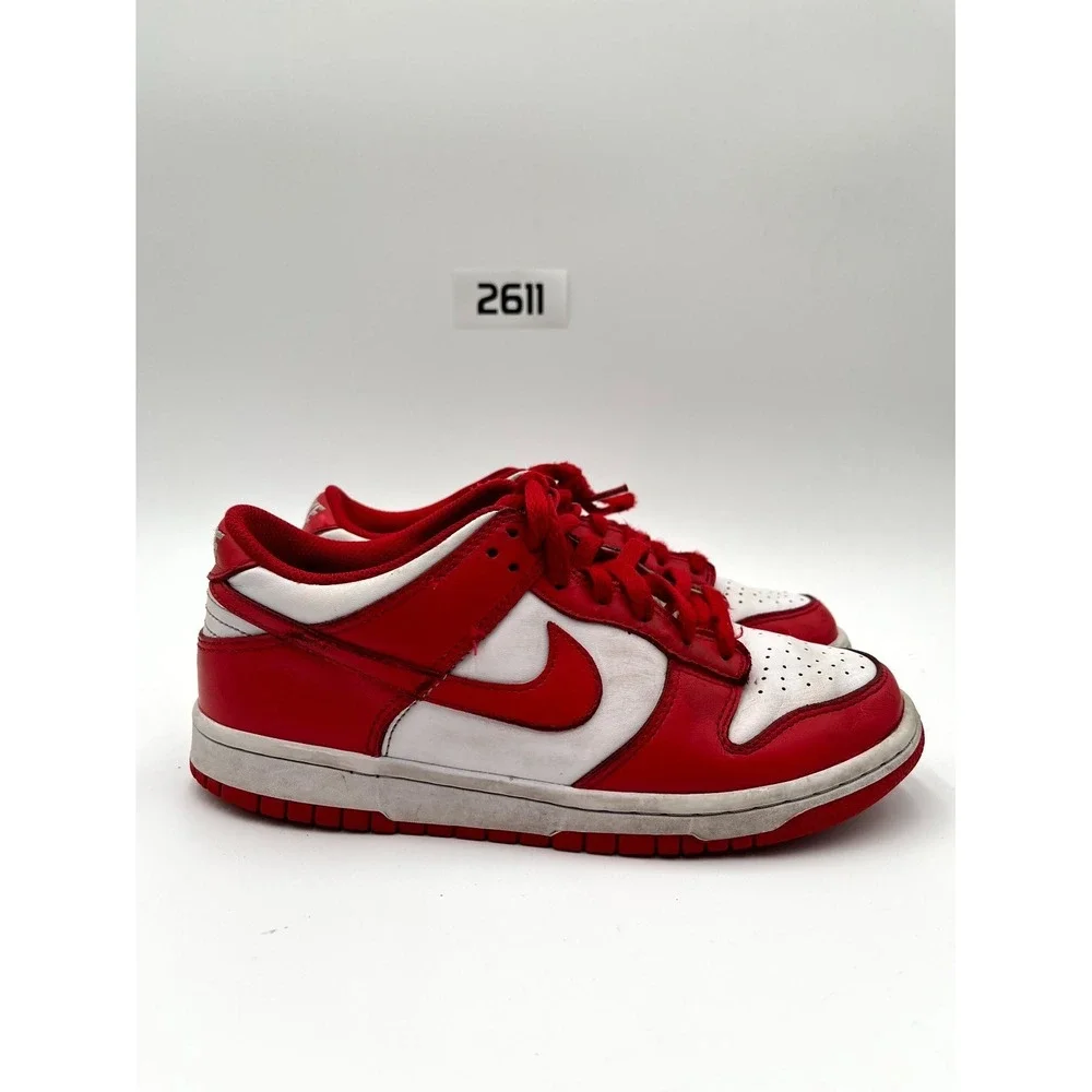 Nike Dunk Low‎ Youth 6.5 Shoes Summit White Red Leather Swoosh Lace Up Sneakers